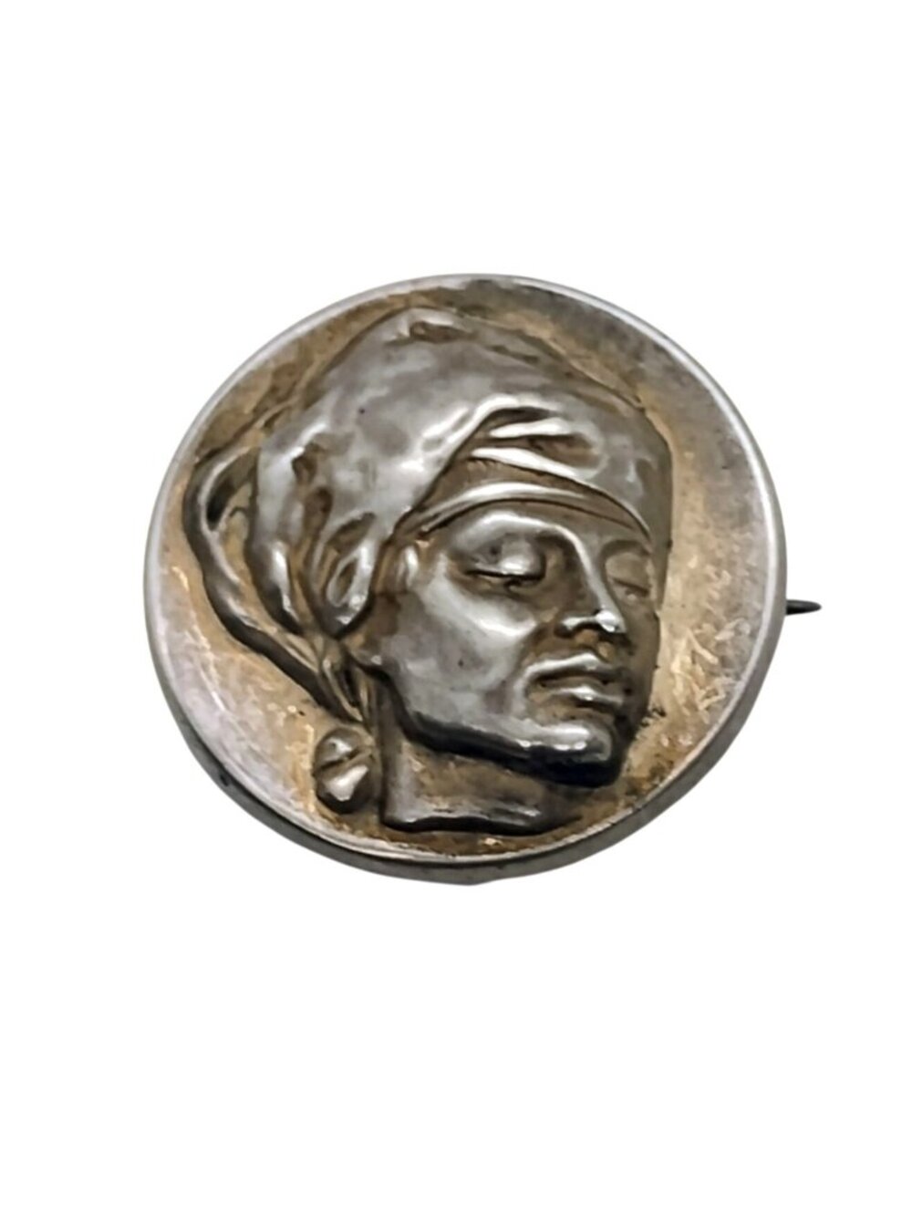 Sterling Silver Repousse Face Pendant Brooch Signed L & A Sterling 1"